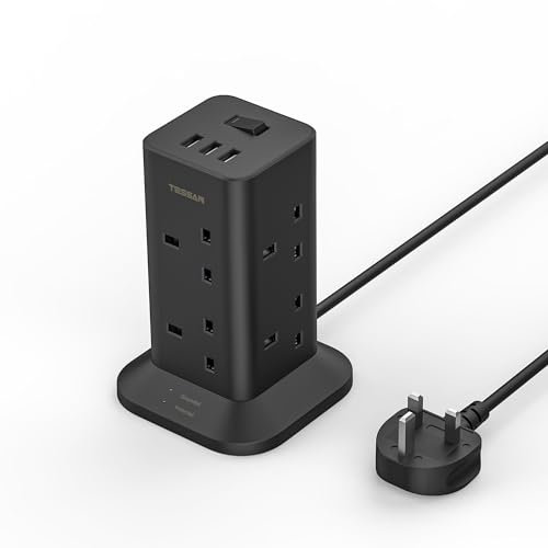 Tower Black Extension Lead with 3 USB Slots, TESSAN 8 Way Multi Plug Extension Socket 2M Cable, Surge Protected Power Strip with Switch for Home, School Supplies