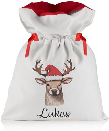 Liebtastisch - Weihnachtsbeutel mit Personalisiert - Weihnachtssack - Geschenk Sack - mit Ziehkordel und Wunschnamen - Extra Groß 52cm x 38cm - Weihnachtsdeko (Hirsch)