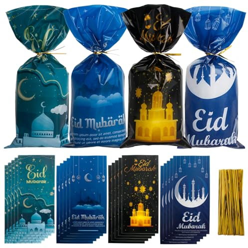 100 Stück Ramadan Tüten zum Befüllen, Ramadan Geschenktüten, Eid Mubarak Tüten, Blau Gold Ramadan Moschee Gedruckte Muster Geschenkbeutel mit 100 Twist Krawatten Klein für Kekse Bonbons Geschenke