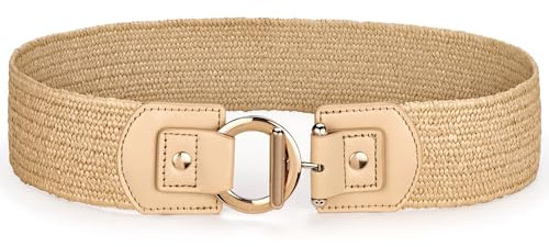 LCG LUCHENGYI Ceinture élastique tressée bohème vintage extensible en rotin paille tissée large ceintures pour femme, B_kaki, Suit 43-48 waist