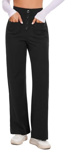 Desol Stoffhose Damen Weites Bein, Hoher Taille Business Hose Damen, Knopfleiste, Dehnbare Palazzo Hose mit Mehreren Taschen