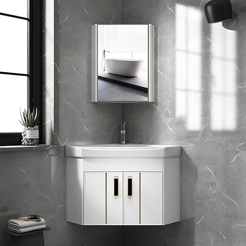 Mobile da Bagno Angolare con Lavabo, Mobiletto da Bagno Montato a Parete con Mobile a Specchio, Set da Bagno Moderno per Piccoli Spazi con Rubinetto e Scarico