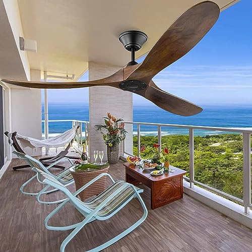 Uaikiea 52 Inch Ceiling Fan without Lights with Remote Control, 3 Blade Wood Ceiling Fan with Noiseless Reversible DC Motor, Indoor Outdoor Ceiling Fans for Patios Farmhouse Bedroom Living Room