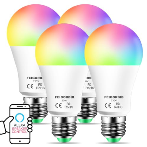 FEIGORBIB Alexa Smart Light Bulb E27, led lampe Replaces 120W 1280 Lumen, Compatible with Alexa, Bluetooth Dimmable Warm White Cool White and Multicoloured, No Hub Required, Pack of 4