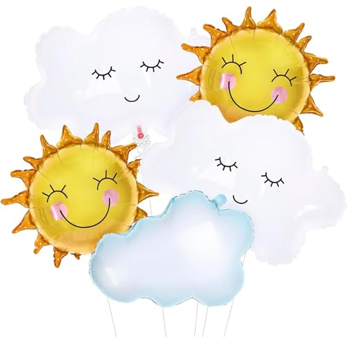 DazzJoy Sonne Wolkenförmige Folienballon, 5 Stück Sonne Lächelnde Quasten Wolke Luftballons Geburtstag, XXL Luftballon Sonne Wolke Geburtstagsdeko, Helium Ballons für Kindergeburtstag Deko, Babyparty