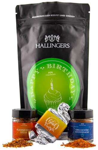 Hallingers Genuss Manufaktur Feinkost Geburtstagsgeschenk-Set - wertig in der Wundertüte Happy Birthday ... kleiner Geburtstagsgruß Nougat-Busserl, Steak- & Grill-Gewürz, Geschenke für Männer Freund