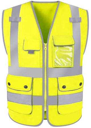 HYCOPROT Sicherheitswesten Warnweste Hohe Sichtbarkeit Sicherheit Reflektierendes Weste Executive Manager Workwear Jacke Zip Band Brace Handytasche Ausweishalter (S, Gelb)