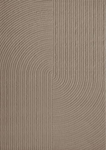 VIMODA Moderner Kurzflor-Teppich Boho Wohnzimmer Schlafzimmer dünn mit 3D Hoch-Tief Effekt Pflegeleicht, Farbe:Taupe, Maße:200x290 cm
