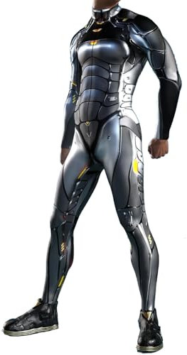 Koongso Men's Robot Superhero Halloween Costume Jumpsuit, Unisex Adults Onesie 3D Black Armor Battle Suit Skinny Catsuit Robot Cosplay Zentai Bodysuit