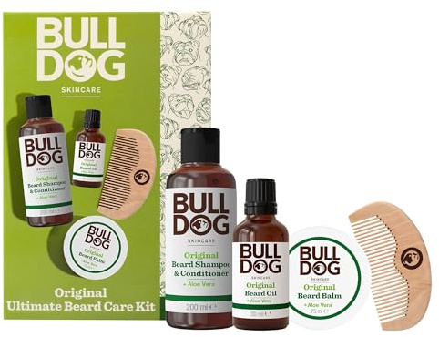 Bulldog Hautpflege - Männerpflege Geschenkset - Original Bartpflege-Set - Enthält Original Bartshampoo & Conditioner, Bartöl, Bartbalsam und Bartkamm - Geschenkset für Männer