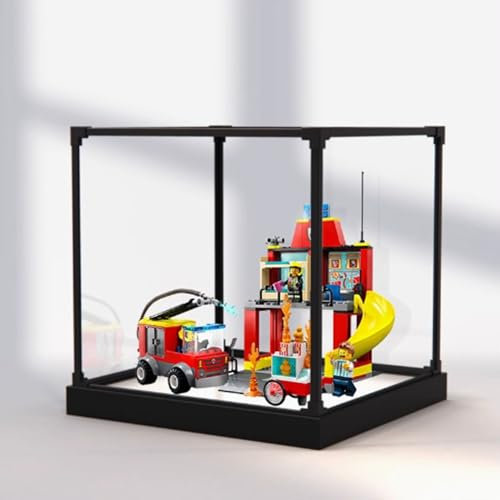 Transparente Acryl-Vitrine für Lego 60375 Feuerwehrstationen und Feuerwehrauto-Modell, transparente Box, Aufbewahrungsbox, Displaybox, kompatibel mit 60375 Modell. (nur Displaybox) (weißer Boden)