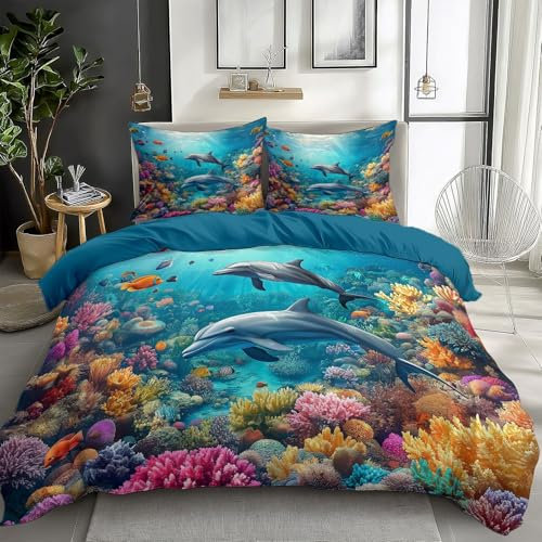 Quixora Lebendige Unterwasserwelt Delfin Bettwäsche Set Ozeanblau Bettbezug mit Reißverschluss Pflegeleicht Atmungsaktiv Mikrofaser 155 x 220 cm 2 Kissenbezug 80x80cm