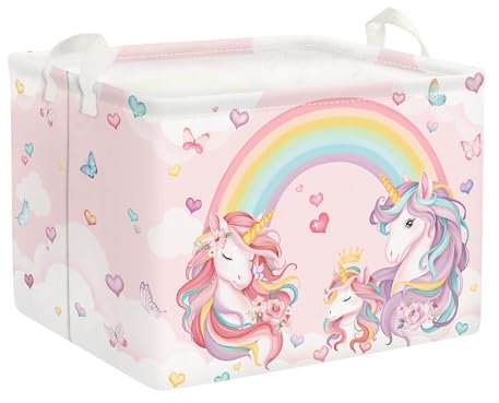Clastyle Rosa Einhorn Kinder Wäschekorb mit Henkel Faltbar Kleidung Spielzeug Aufbewahrungskorb Mädchen Aufbewahrungsbox für Babyzimmer Bad, Regenbogen, 40 * 30 * 30 cm
