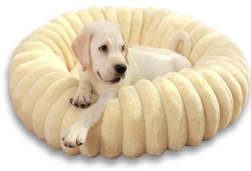 YAGE Dog Bed Small, Washable Pet Bed, Plush Calming Anti-Anxiety Donut Sofa, Non-Slip Bottom Orthopaedic Mat, Beige 60cm