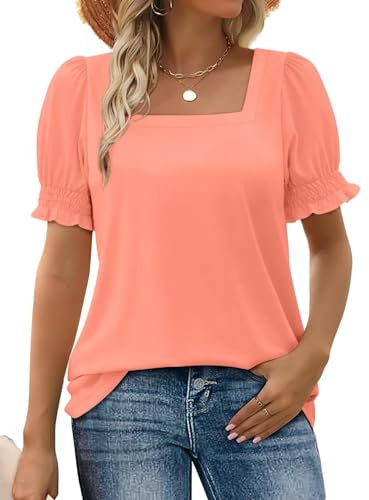 WIHOLL Summer Tops for Women Clothing Ladies Square Neck Shirts Ruffle Trim Clothes Short Sleeve Tshirt Coral M