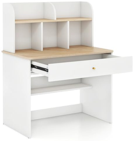 LIFEZEAL Kinderschreibtisch mit Ablage, Schreibtisch Kinder mit Bücherregal & großer Schublade, Lerntisch Holz für Jungen und Mädchen ab 3 Jahren, 80 x 48 x 102 cm (Natur)