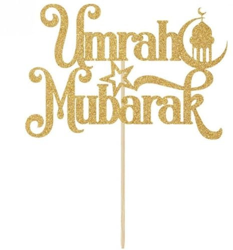 HiyyFloy Umrah Mubarak Cake Topper, Muslim Islam Eid Festival Party Dekorationen, Ramadan Mubarak, Eid Mubarak Party Deoration Gold Glitzer