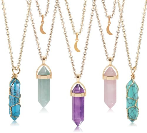 YUEIODDKL 5 Stücke Heilstein Punkt Anhänger Halskette für Damen und Herren, Sechseckige Kristall-Anhänger mit Ketten, Heilstein Punkt Anhänger Halskette, Kristalle Kette Herren Sechseckige