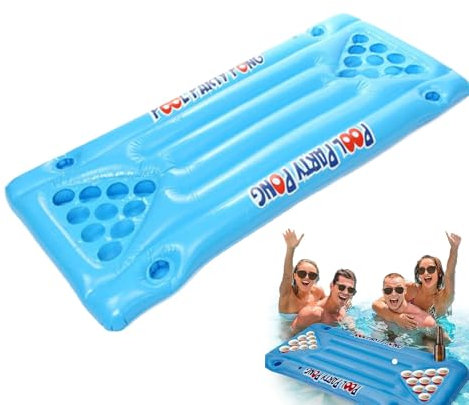 Schwimmende Pings Pong Tisch Inflatab – Aufblasbare Beerpong Spielmatte mit Getränkehaltern | Poolparty für Erwachsene, See & Wasserspielzeug, Sommer Trinkspiele - Tragbare Luftmatratze Lounge