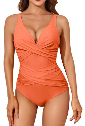 Generico Costume Acquagym Donna Sostegno Seno Pareo Donna Costume da Bagno da Fit con Coppe per Seno Senza Staffe in Acciaio Bagno retrò con Intero Mare Top (Orange XL)