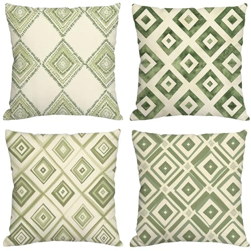Outdoor Kissen Grün Kissenbezug 20x20 cm 4er Set Balkon Dekokissen Boho Outdoor Kissenhülle Wasserdichte Leinen Doppelseitiger Gedruckte Sofakissen Garten Balkon Zierpolster OutdoorDeko, Gifts Y-1062