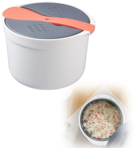 Cuociriso per microonde, 2 l, in plastica per uso alimentare, antiaderente, per riso e pasta, include paletta per riso, colino e pentola per cottura a vapore, per lavastoviglie e verdure (arancione)