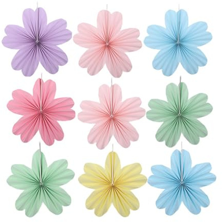 WUSJCOF 9 Stück Papier Fächer Dekoration Party Deko Set mit Papierblumen Zum Aufhängen für Hochzeit, Geburtstagsdeko, Tischdeko, Baby Shower, Frühling, Sommer,Herbst (Makaronfarbe)