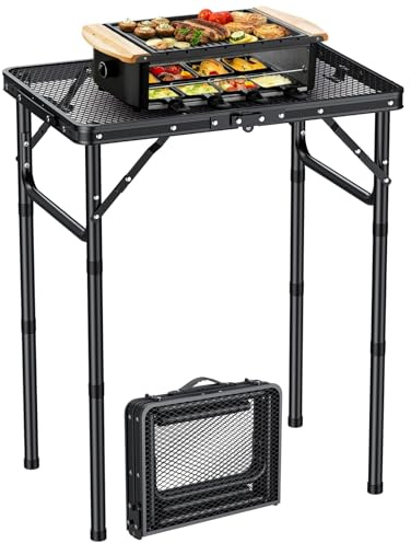 EYPINS BBQ Table 58x40 cm, Max Height 70cm Metal Folding Grill Table 3 Heights Adjustable, 2ft Portable Camping Table Lightweight with Carry Handle for Outside Barbecue Cooking, Black