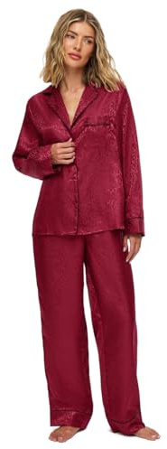 Ann Summers Signature Satin Long PJ Set (2 Piece) Jacquard Satin Pyjamas for Women – Luxurious Button-Up Womens Pyjamas for Bedtime or Lazy Mornings, Comfortable and Stylish Ladies PJs Burgundy