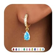 ZNBOH Ohrringe Gold Hängend Damen 18K Vergoldete Klein Creolen Geburtsstein | Zirkonia Damenohrringe Mit Stein Rubin Aquamarin Smaragd Peridot Amethyst,Schmuck Geburtstag Geschenk für Freundin Frauen