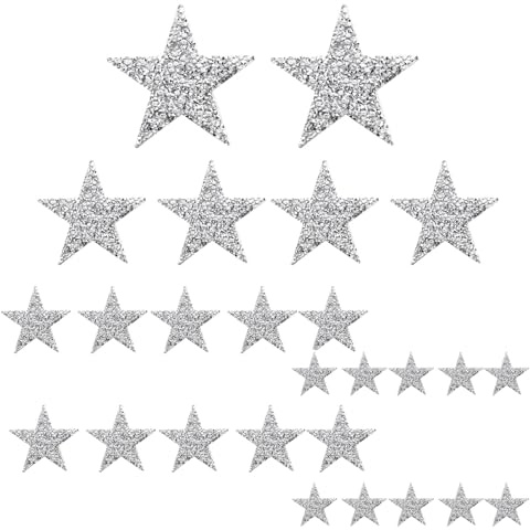 26 Stück Stern Bügelbilder Silber Strass Patches Aufnähen 4 Größen Textil | Glitzer Applikationen, Aufbügeln Erwachsene, Kleidung Jeans Jacken, Taschen Reparatur Flicken, funkelnd