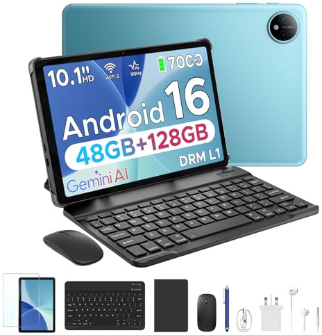 P10 10.1 inch Tablet, 48GB+128GB/TF 2TB, Android 16 Tablet with Gemini AI, 7000mAh, Unisoc T310 Quad-Core, 90Hz, 8MP+5MP, Dual Speakers, 3.5mm Headphone jack, Tablet with Keyboard, Pen, Case, Blue