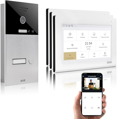 GVS - IP Video Türsprechanlage mit Türöffner, HD Kamera, 3X 7 Zoll Monitor & App - Smarte Video Türklingel mit Kamera & Gegensprechanlage für 1 Familienhaus (AVS1340U)
