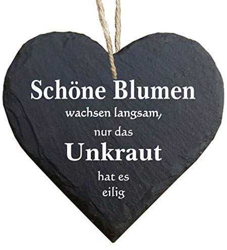 Homeyourself Herz Schieferherz Schiefer Schieferschild 10 x 10 cm Schöne Blumen wachsen langsam Unkraut hat es eilig schwarz Dekoschild Wandschild Schild Stein Garten
