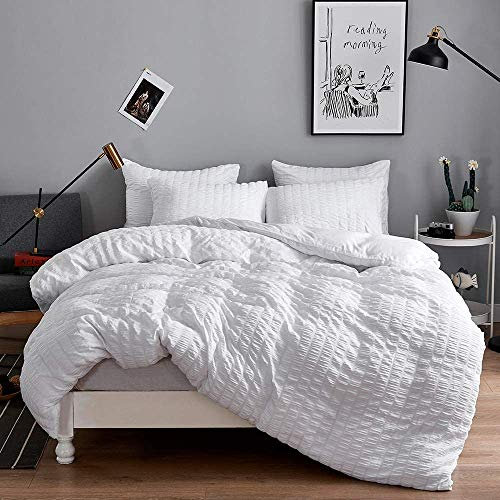 Seersucker Bettbezug mit Kissenbezügen, 100 % Baumwolle, Fadenzahl 200, Weiß | Silber | Anthrazit | Rosa | Grau Bettwäsche-Sets Doppel-King-Size-Bett Super-King-Size-Größe (Weiß, King-Size)