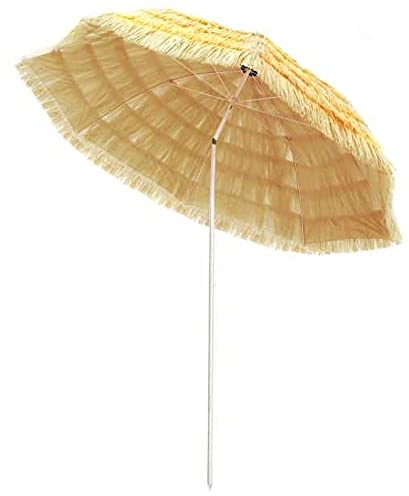 BAKAJI Sombrilla Hawaii de playa, jardín con poste central de acero blanco, revestimiento de tela de poliéster anti UV, decoración con flecos con funda de color paja, Color blanco., 210 cm