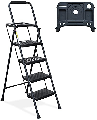 HBTower Trittleiter 4 Stufen klappbar, Leiter mit Breitem Anti-Rutsch-Pedal, Trittleiter mit Bequemer Handlauf, Tragbarer Tritthocker aus Stahl, Schwarz
