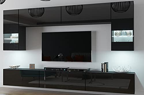 Furnitech Wohnwand Wohnzimmer | Wohnzimmer Möbel mit LED RGB - 16 Farben | Hängend Wohnwand Modern | Wohnzimmer Schrankwand mit Regale und TV Schrank (Future C79-HG-B1 1A)