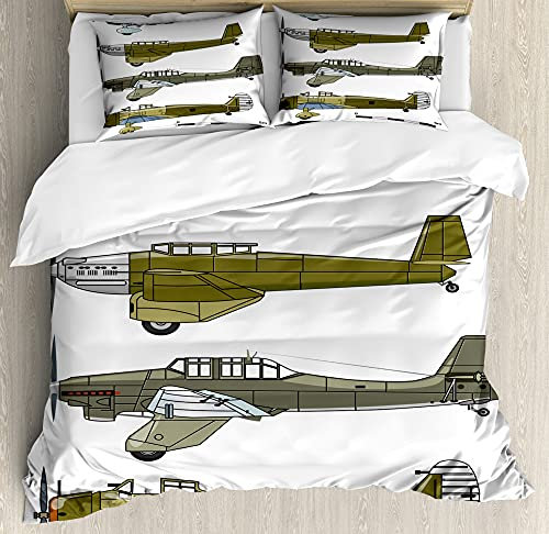 ABAKUHAUS Flugzeug Bettbezug Set für Einzelbetten, Old Dive Planes Jets, Milbensicher Allergiker geeignet mit Kissenbezug, 230 x 220 cm - 70 x 50 cm, Grün, Grau, Weiß