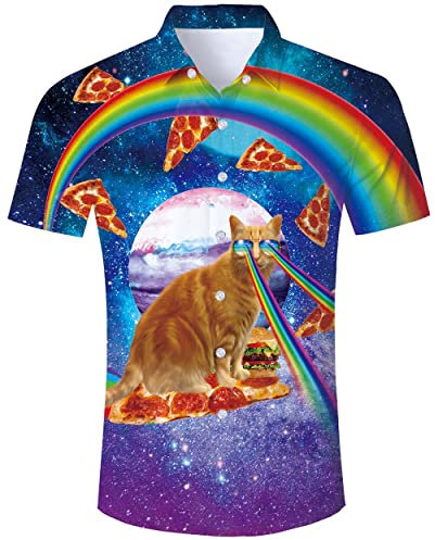 ALISISTER Hawaiian Shirt Mens Short Sleeve Tshirts 3D Funky Galaxy Cat Prints Ugly Shirts Aloha Button Blouse Dress Shirt Summer Vacation Party Beachwear Clothes for Men L