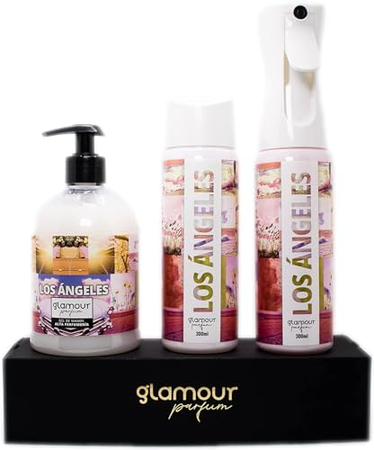 GLAMOUR PARFUM - Pack Ambientador Textil + Recambio 300 ml + Jabón de Manos 500 ml - Ambientador Hogar Los Ángeles - Aroma Fresco a Rosa - para Pulverizar en la Cama o en Cortinas