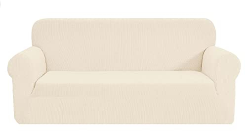 SAMSTEX Stilvolle Sofabezug 4 Sitzer High Stretch 4 Sitzer Sofabezug 1 Stück Sofa Schonbezüge Dicke Weiche Sofaschoner Maschinenwaschbar Rutschfest Couchbezüge (4 Sitzer, Beige)