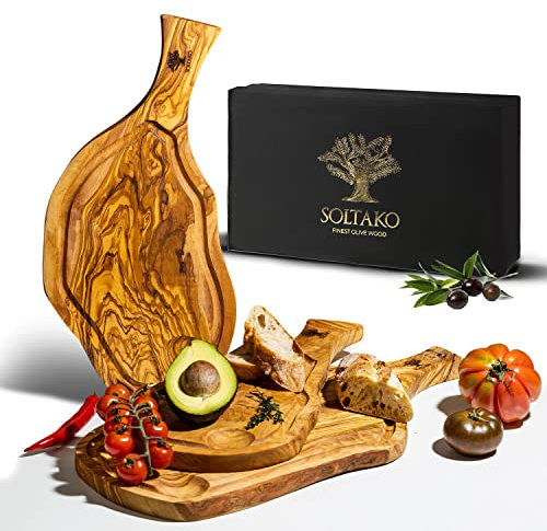 SOLTAKO Olivenholz Steakbrett mit Saftrille 3er Set (35/40/45cm) Schneidebretter aus Oliven Holz mit Griff