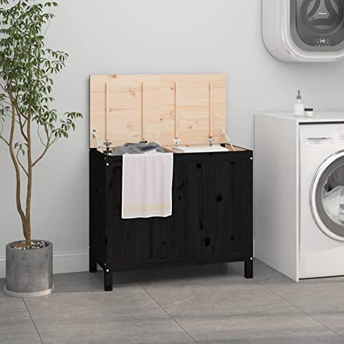 Tidyard Boîte à Linge en Bois avec Couvercle Corbeille à Linge Panier à Linge avec Pieds en Bois Noir 88,5x44x76 cm Bois Massif de pin