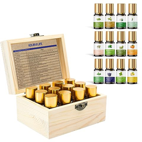 Ätherische Öle Set für Diffuser, 12 x 10 ml Holzkasten Geschenkbox Duftöle Set, 100% Ätherische Öle Naturrein Vanille, Aromatherapie Öle, Jasmin Öle, Luftbefeuchter, Geschenkset