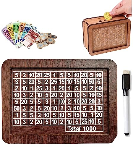 Spardose aus Holz,Sparbox,Spardosen mit Theken,Wiederverwendbare Spardose, für Kinder und Erwachsene Spardose aus Holz,Sparschwein mit Marker.(1000€)
