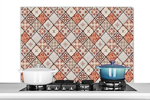 KitchenYeah© Küchenrückwand Platte Spritzschutz Küche Deko Aluminium Platte Spritzschutz Herd Alternative für Selbstklebende FolieMosaik - Vintage - Fliesen - Orange - Patchwork - Blumen - 100x65 cm