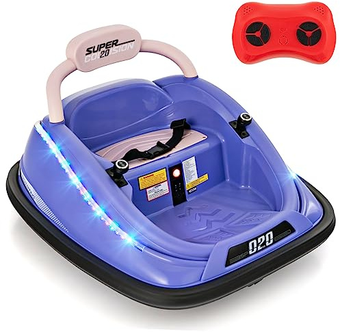 GYMAX Kids Ride On Bumper Car, 12V Children Electric Waltzer Car with Remote Control, Dual Joysticks, Music, Flashing Lights & Safety Belt, 360° Spin Toy for 3-8 Years Old (Purple)