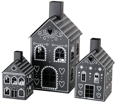 BOLTZE Laternen Haus Villagio 3er Set Windlicht Deko Laterne schwarz Eisen Lampion Tischlaterne Gartenlaterne Laternenset