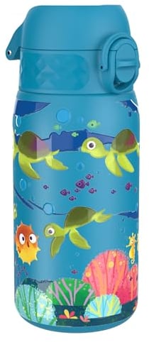 Ion8 Gourde Enfant, Inox Léger, 400ml, Non Isolé, Anti-Fuite, Facile à Ouvrir, Verrouillage Sécurisé, Lavable au Lave-Vaisselle, Poignée de Transport, Acier Inoxydable, Tortue De Mer